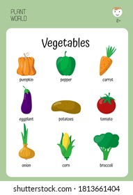 Vegetables. Educational card, worksheet for children, preschoolers. pumpkin, peppers, potatoes, onions, broccoli, eggplant, tomato, corn