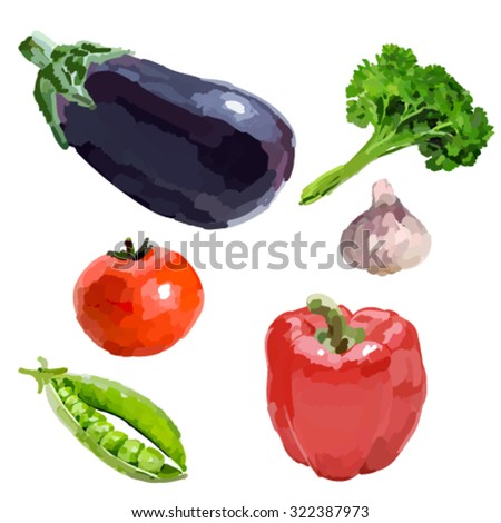 Vegetables. Eggplant, peppers, tomatoes, parsley, garlic, peas.