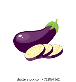 Vegetables. Eggplant, whole fruit and slices. Vector illustration cartoon flat icon isolated on white.