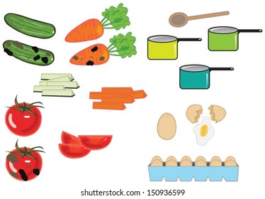 Vegetables, Eggs, Pots and Pans