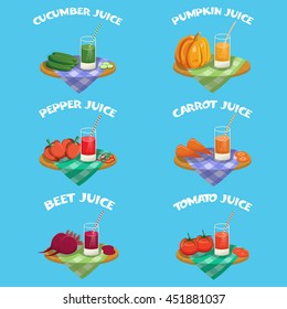 Vegetables emblem or logotype set with descriptions of cucumber pumpkin pepper carrot beet and tomato juices vector illustration