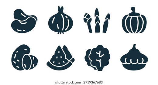 Verduras excelente icono de colección. Frijoles, cebolla, espárragos, calabaza, zanahoria, rebanada de sandía, lechuga, iconos de pastel