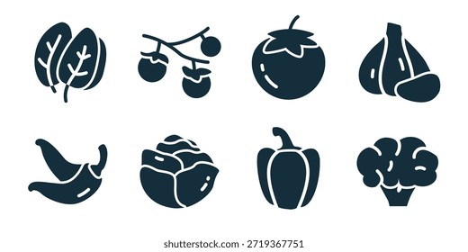 Gemüse ausgezeichnete Icon-Sammlung. Blätter, Kirschzweig, Tomate, Knoblauch, Chilischoten, Kohl, Brokkoli, Kürbissymbole