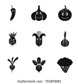 Vegetables face icon set. Simple set of 9 vegetables face vector icons for web isolated on white background