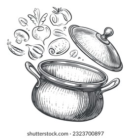 Vegetables fall into the pot or kitchen pan. Concept diet and healthy eating. Cooking vector illustration