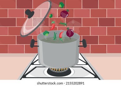 vegetables fall into a pot on a stove with boiling water for soup