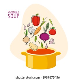 Gemüse fällt in Saucepan, um Suppe und Gemüsesuppe zu kochen. Bio-Lebensmitteldruckplakat. Rezepte, hausgemachte Speisen, Lernkonzept, vegetarische Gerichte.