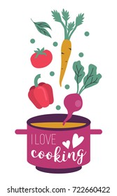 Vegetables falling in cooking pot. Culinary concept.  Flat style vector illustration.