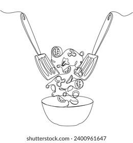 Vegetables falling into a bowl in continuous one line art style. Food preparation vector illustration