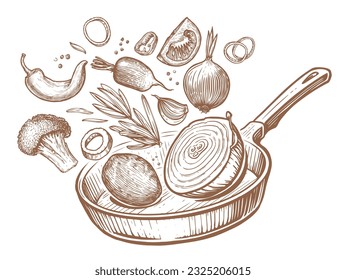 Vegetables falling into frying pan. Healthy eating, vegetarian food. Home kitchen sketch vector illustration