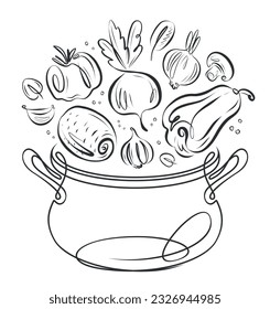 Vegetables falling into pot. Healthy eating, vegetarian food. Cooking vector illustration