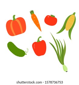 
Vegetables from the farm garden set. Vector icons of pumpkins, carrots, tomatoes, corn, cucumbers, peppers, onions. Stock vector illustration.