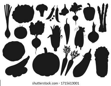 Vegetables and farm veggies, vector silhouette icons. Organic vegetarian food cabbage, pumpkin, tomato and cucumber, cauliflower and broccoli, onion and garlic, asparagus and beetroot