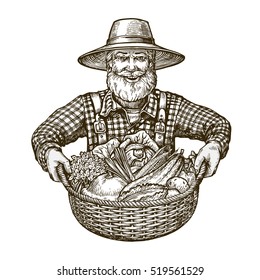 Vegetables. Farmer With Basket In Hands. Sketch Vector