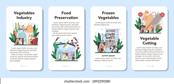 Vegetables farming industry mobile application banner set. Idea of agriculture and cultivation. Organic harvest selection. Village groceries processing and preservation. Flat vector illustration