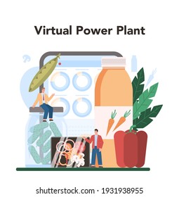 Vegetables farming industry online service or platform set. Agriculture and cultivation. Village groceries processing and preservation. VPP, virtual power plant. Flat vector illustration