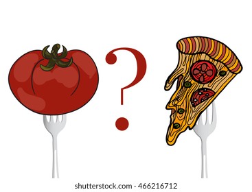 Vegetables and fast food on a fork. Vector  hand drawn illustration. The concept of a healthy lifestyle and balanced diet, weight loss and malnutrition.