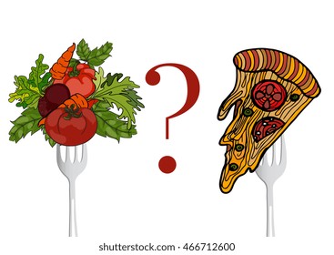 Vegetables and fast food on a fork. Vector  hand drawn illustration. The concept of a healthy lifestyle and balanced diet, weight loss and malnutrition.