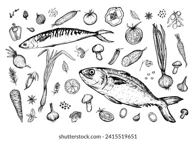Vegetables, fish, spices big set sketch, hand drawn illustration on white background. Harvesting, food vector image. Black and white hand-drawn drawing. Various food items for the store's signage.