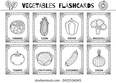 Vegetables flashcards black and white set. Flash cards collection for coloring in outline. Learn food vocabulary for school and preschool. Corn, pepper, cabbage and more. Vector illustration