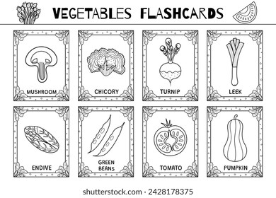 Vegetables flashcards black and white set. Flash cards collection for school and preschool in outline for coloring. Learn food vocabulary for kids. Pumpkin, leek, turnip and more. Vector illustration