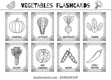 Vegetables flashcards black and white set. Flash cards collection in outline for coloring. Learn food vocabulary for school and preschool. Pumpkin, lettuce, celery and more. Vector illustration