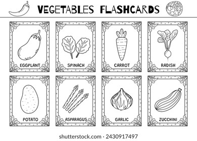 Vegetables flashcards black and white set. Flash cards collection in outline for coloring. Learn food vocabulary for school and preschool. Eggplant, spinach, carrot and more. Vector illustration