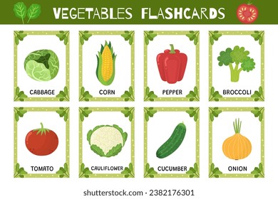 Vegetables flashcards set. Flash cards collection for practicing reading skills. Learn food vocabulary for school and preschool. Corn, pepper, cabbage and more. Vector illustration