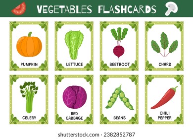 Vegetables flashcards set. Flash cards collection for practicing reading skills. Learn food vocabulary for school and preschool. Pumpkin, lettuce, celery and more. Vector illustration