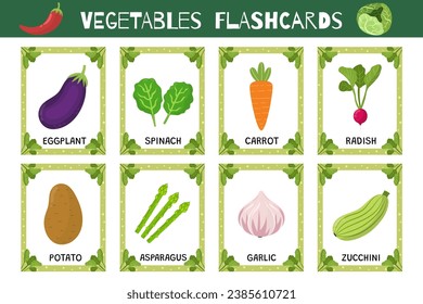 Vegetables flashcards set. Flash cards collection for practicing reading skills. Learn food vocabulary for school and preschool. Eggplant, spinach, carrot and more. Vector illustration