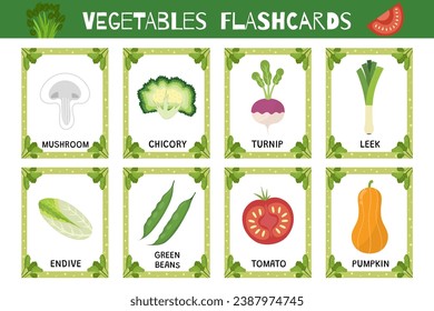 Vegetables flashcards set. Flash cards collection for school and preschool. Learn food vocabulary for kids. Pumpkin, leek, turnip and more. Vector illustration