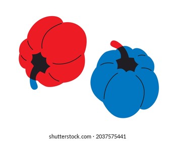Vegetables flat abstract vector. Red blue element pepper. Tropical vegetables illustration. EPS 10. Summer harvest icons. Fruit red blue colors.  Can be use for restaurants menu, cover, packaging.
