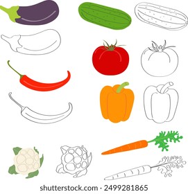 Vegetables flat cartoon vector illustration. Set for vegetarian salad - cucumber, tomato, pepper, eggplant, cauliflower and carrot. Children's coloring pages, black outline sketch.