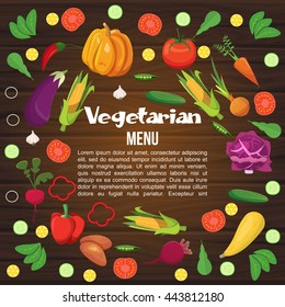 Vegetables flat colored menu or flyer for vegetarian veggies on wooden table vector illustration