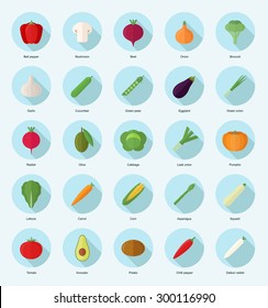 Vegetables flat design isolated icons set with carrot potato cucumber tomato pumpkin lettuce pepper corn