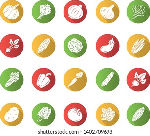 Vegetables flat design long shadow glyph icons set. Potato, carrot, pepper. Soup and salad ingredients. Vitamin and diet. Healthy nutrition. Vector silhouette illustration