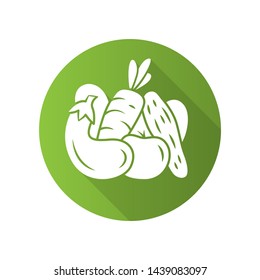 Vegetables flat design long shadow glyph icon. Cucumber, tomato, carrot, eggplant. Healthy nutrition. Vitamin and diet. Vegetarian, vegan food. Agriculture plants. Vector silhouette illustration