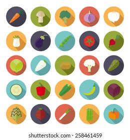 Vegetables Flat Design long shadow Vector Round Icon Set. Collection of 25 vegetarian food symbols in circles