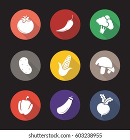 Vegetables flat design long shadow icons set. Tomato, red hot chili pepper, broccoli, potato, corn, mushrooms, paprika, eggplant, beet. Vector silhouette illustration