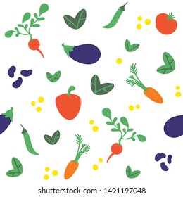 Vegetables flat hand drawn seamless pattern. Healthy nutrition cartoon texture. Organic food illustration. Local market sketch color clipart. Kitchen textile, background vector fill, package design