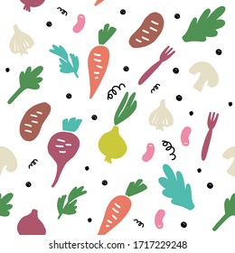 Vegetables flat hand drawn seamless pattern. Healthy nutrition cartoon texture. Organic food illustrations.Kitchen textile, background vector fill. Diet sketch color clipart. 