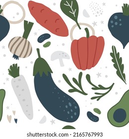 Vegetables flat hand drawn seamless pattern. Healthy nutrition cartoon texture. Organic food scandinavian illustrations. Diet sketch color cliparts. Kitchen textile, background vector fill