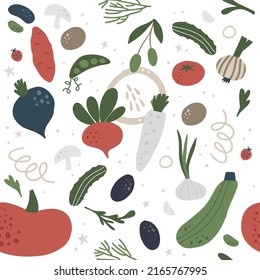 Vegetables flat hand drawn seamless pattern. Healthy nutrition cartoon texture. Organic food scandinavian illustrations. Diet sketch color cliparts. Kitchen textile, background vector fill