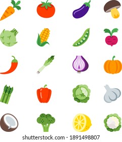 vegetables flat icon carrot, tomato, brinjal mushroom, cabbage, cauliflower green peas beans, radish, red chilly asparagus, onion, pumpkin, bell pepper, garlic, coconut, broccoli, lettuce, corn, lemon