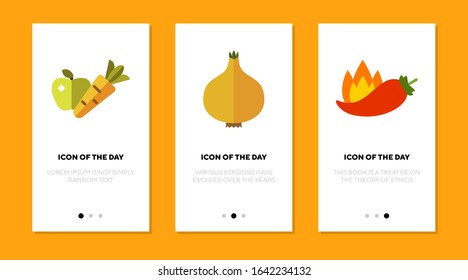 Vegetables flat icon set. Carrot, onion, chili pepper, apple isolated sign pack. Ingredient, fresh food, cooking concept. Vector illustration symbol elements for web design