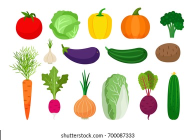 Vegetables flat icons set on white background. Vector illustration