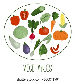 Vegetables flat icons set: onion, tomato, corn, pepper, cabbage, pumpkin, carrot, radish, peas, lettuce. Colorful vector illustrations. Hand drawn colorful doodle natural food. Vegan, farm, organic