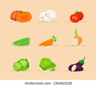 Vegetables flat illustrations set. Farmers market products assortment. Veggies salad, soup ingredients. Sliced eggplant, cabbage, tomatoes isolated cliparts. Chopped cucumber, carrots, onion, mushroom