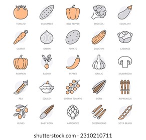 Vegetables flat line icons set. Fresh food - tomato, broccoli, corn, pepper, carrot, pumpkin vector illustrations. Outline pictogram for vegetarian grocery store. Orange color. Editable Stroke