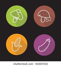 Vegetables flat linear icons set. Broccoli, mushroom, corn and eggplant symbols.  Long shadow outline logo concepts. Vector line art illustrations